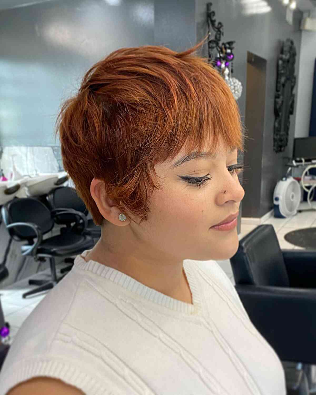 Copper Red Short Wixie Shag with Choppy Bangs and Layers