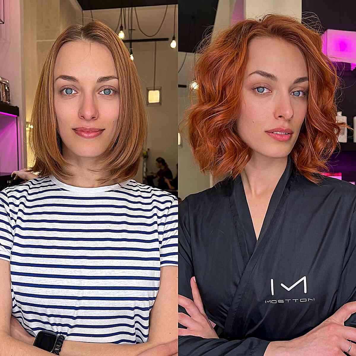 Copper Side Parted Wavy Bob Cut for Fine Hair and women with a long face shape