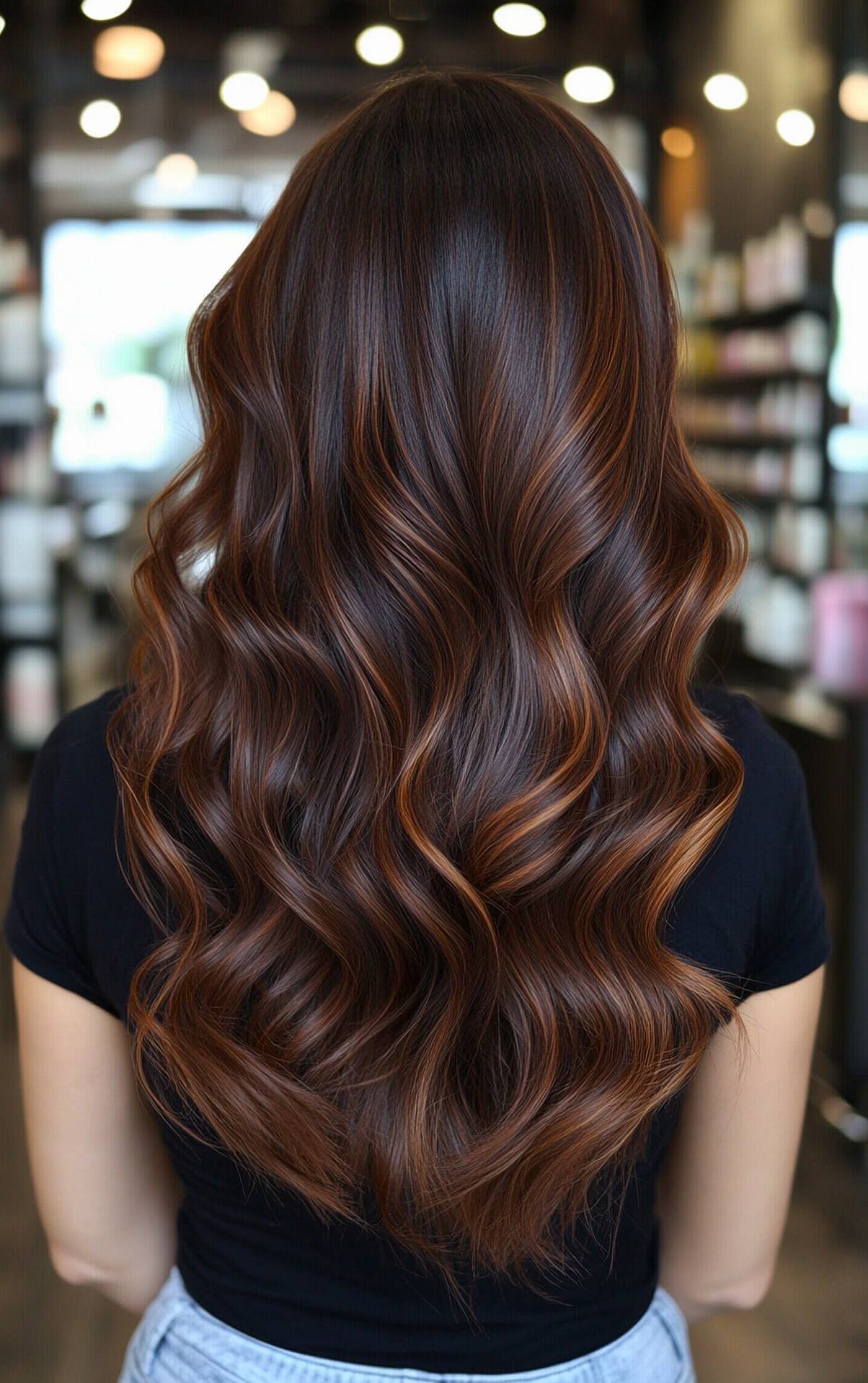 Long wavy dark brown hair with copper balayage highlights