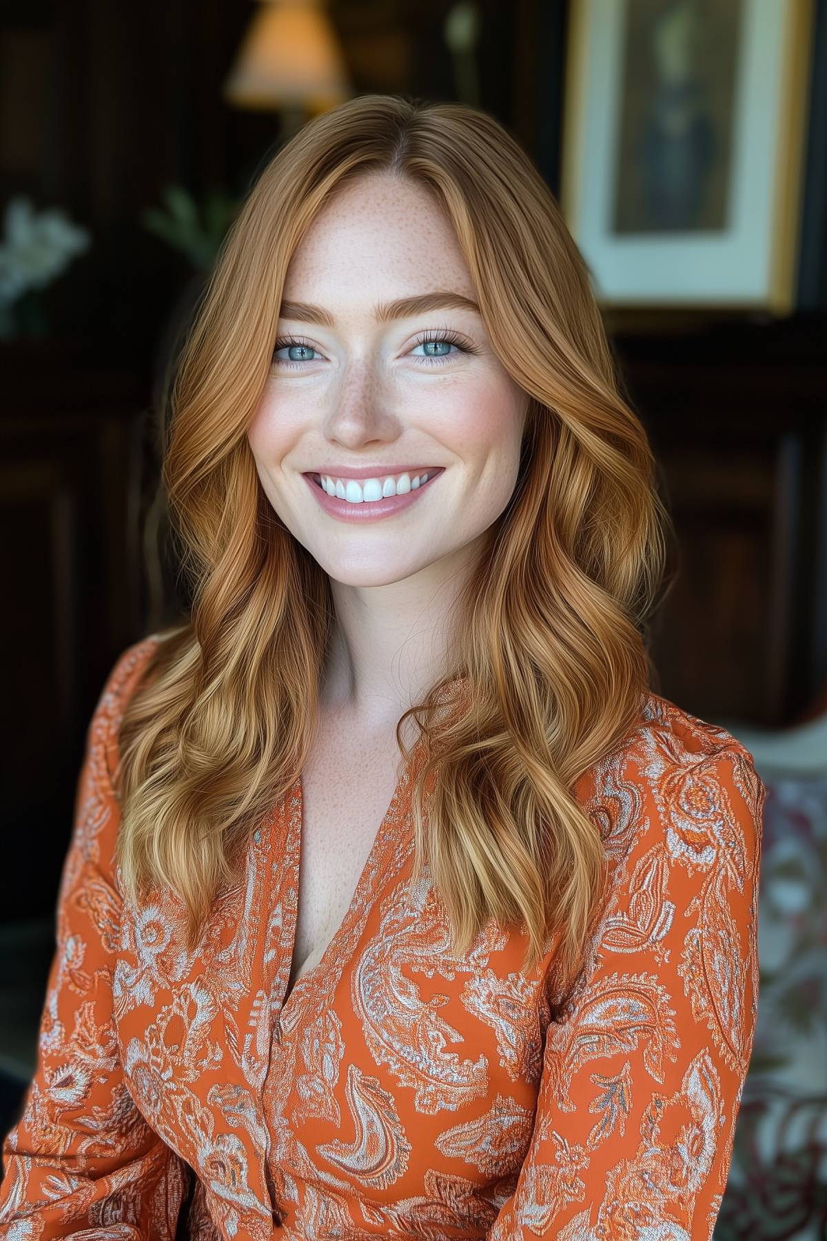 Copper waves hairstyle for blue eyes with medium-length layers