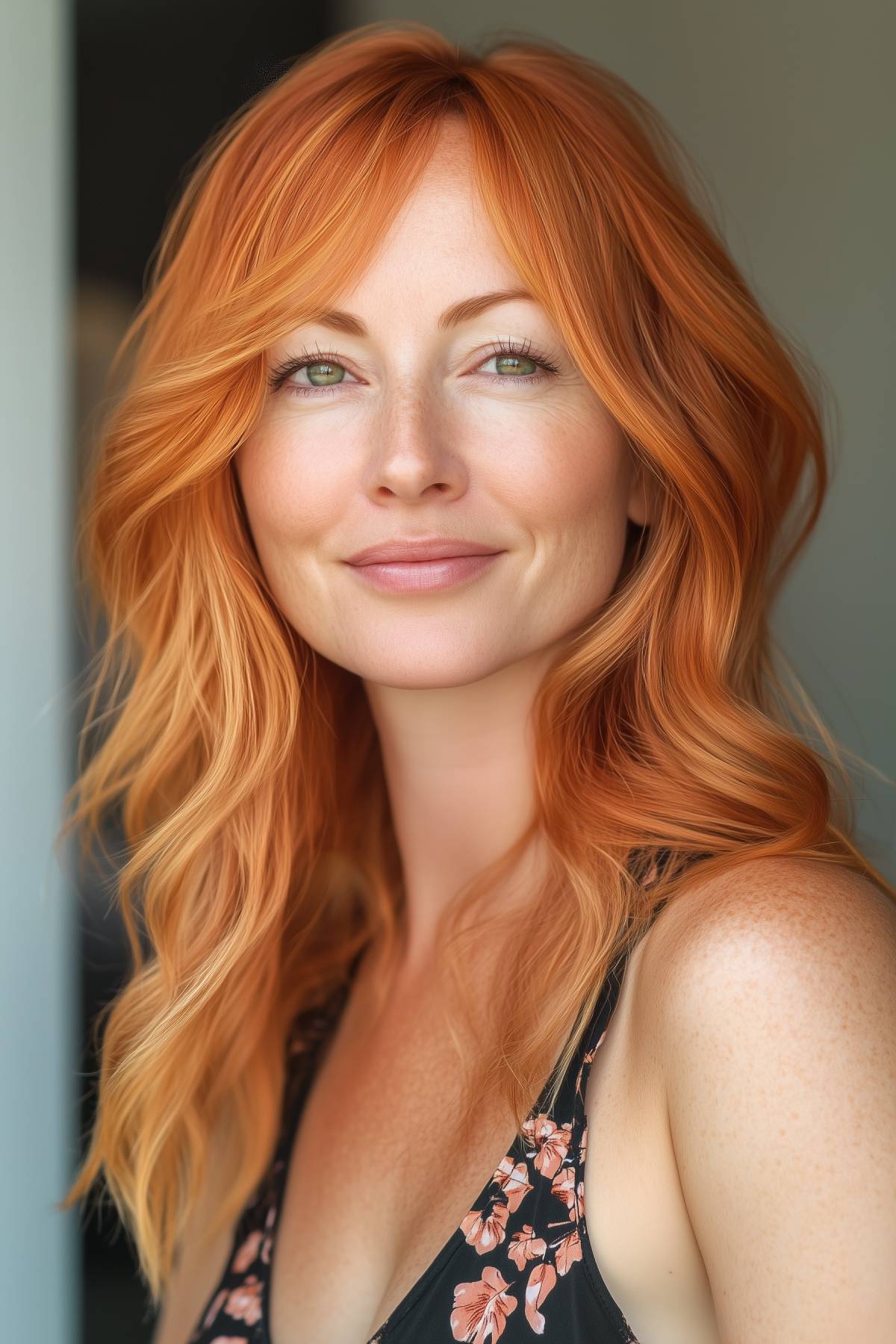 Copper waves hairstyle for green eyes with medium-length layers