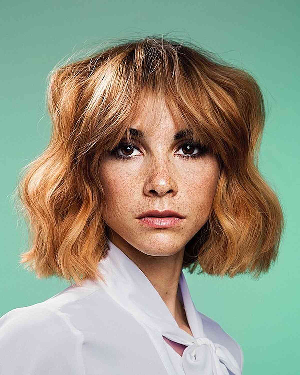 Copper Wavy Bob with Fringe for Thick Hair