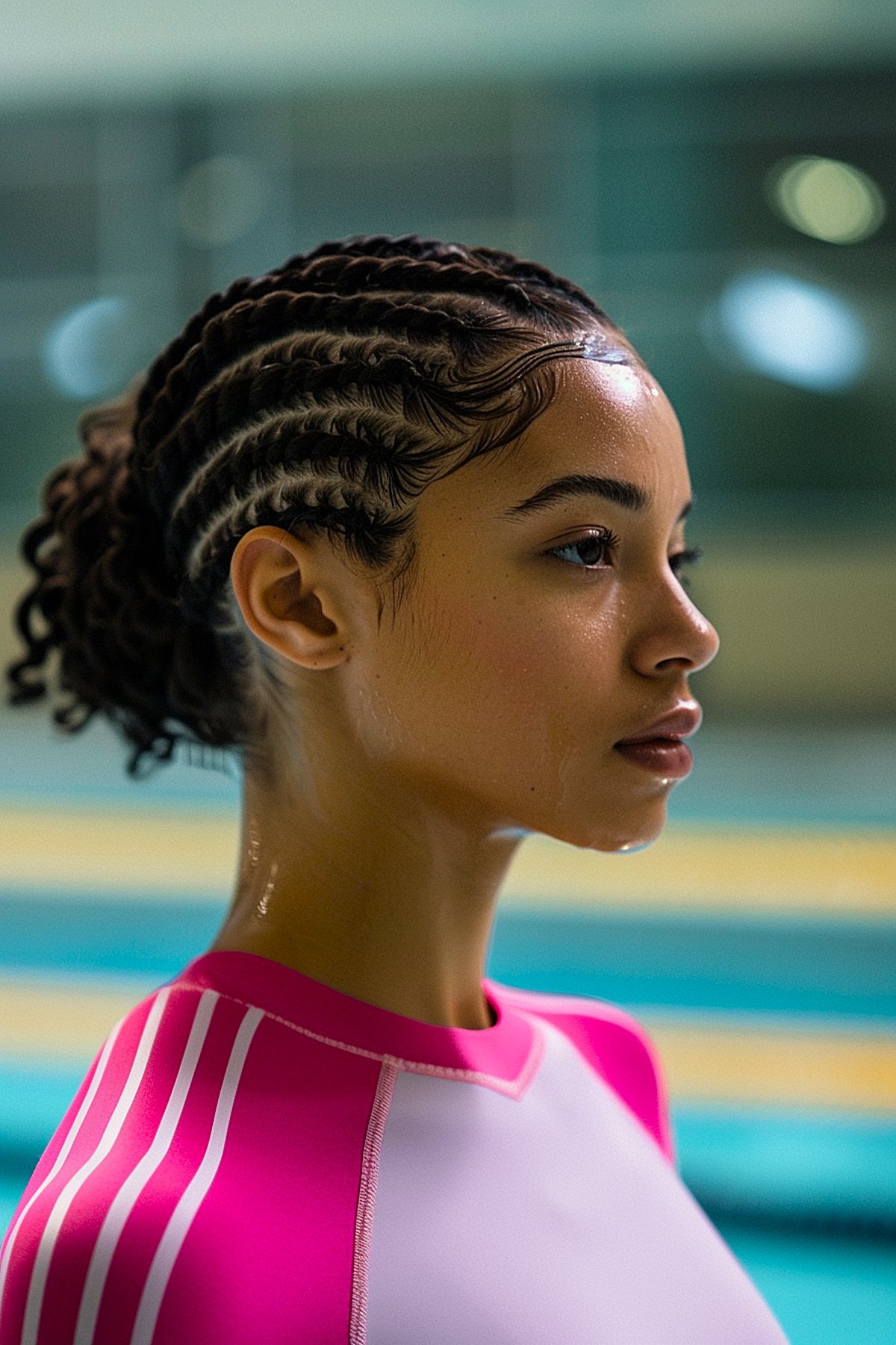 Woman with cornrows styled into a low bun, wearing a swimsuit by the pool