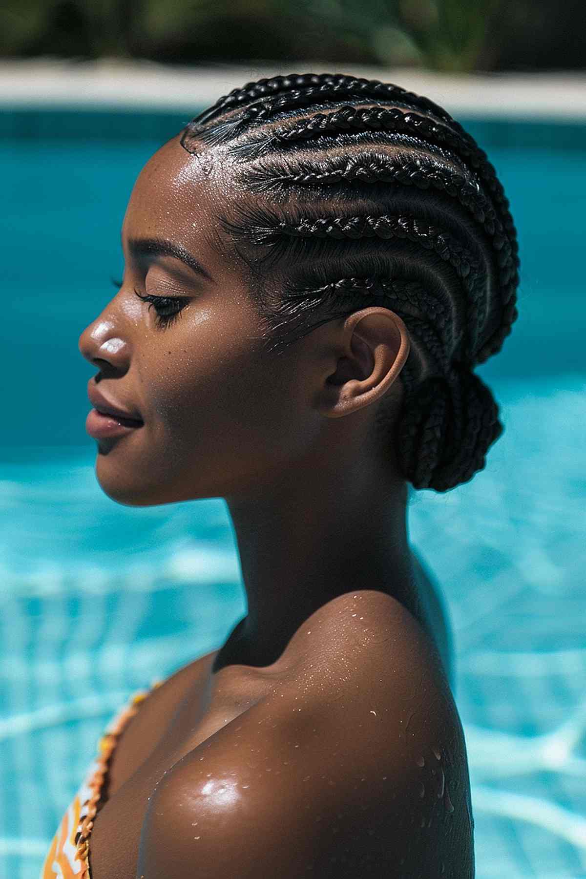 Woman with cornrows styled into a low bun, wearing a swimsuit by the pool