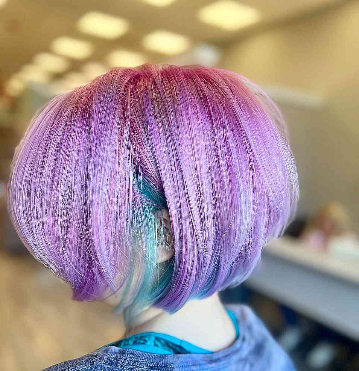 Cotton Candy Magenta Roots and Sky Blue Underlights for Short Bob
