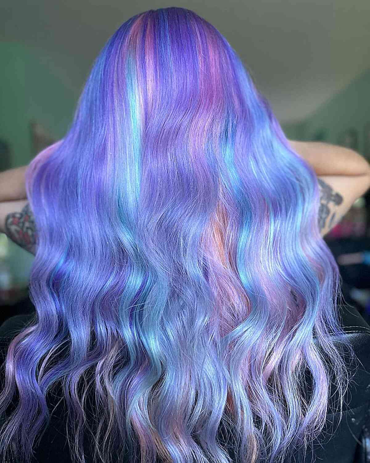 Long Cotton Candy Purple Hair with Teal Highlights