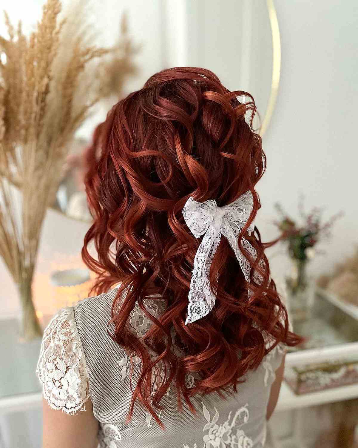 Cranberry Red Bohemian Half Up Style for a Bridesmaid