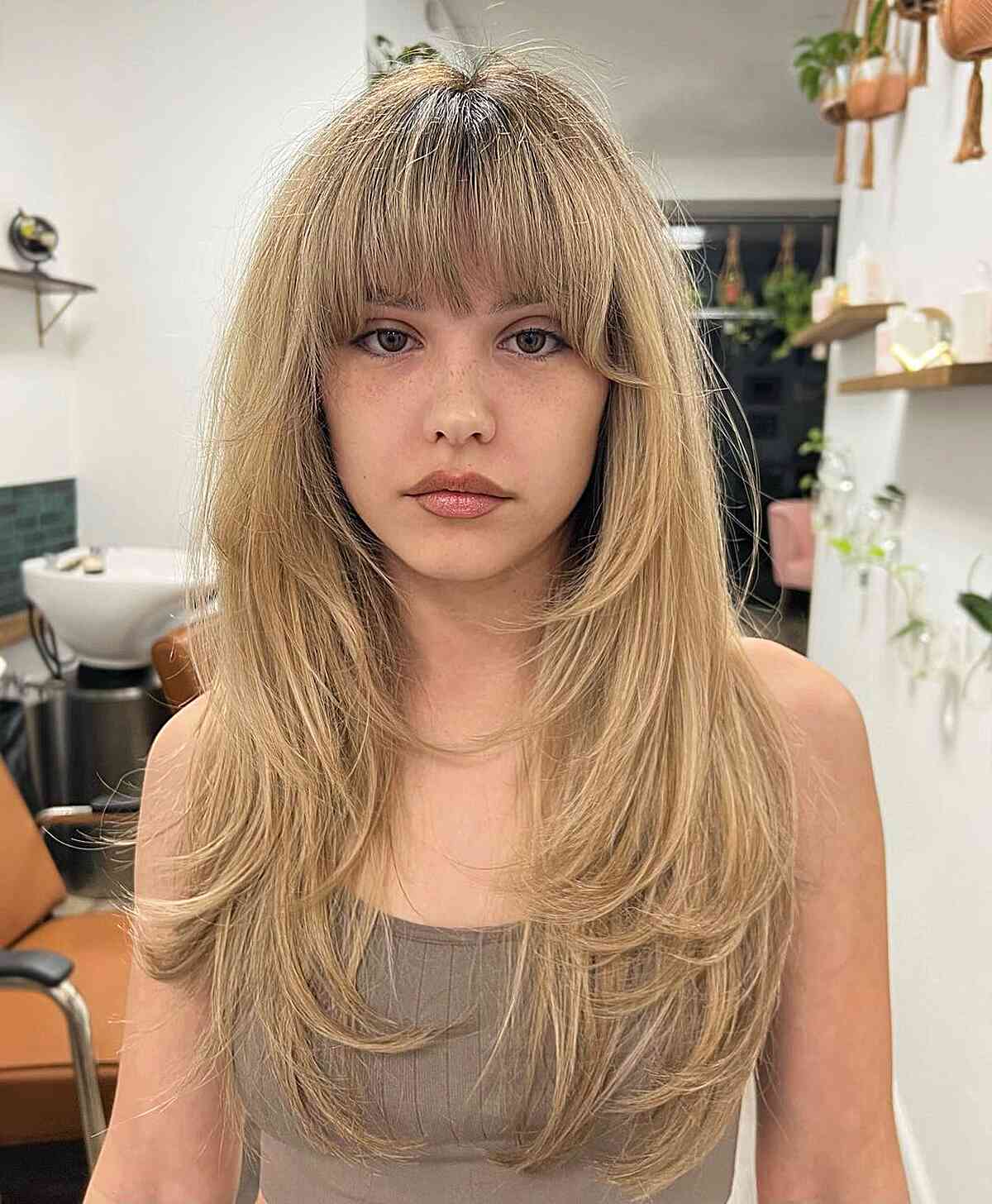 Creamy Blonde Layers and Arched Bangs