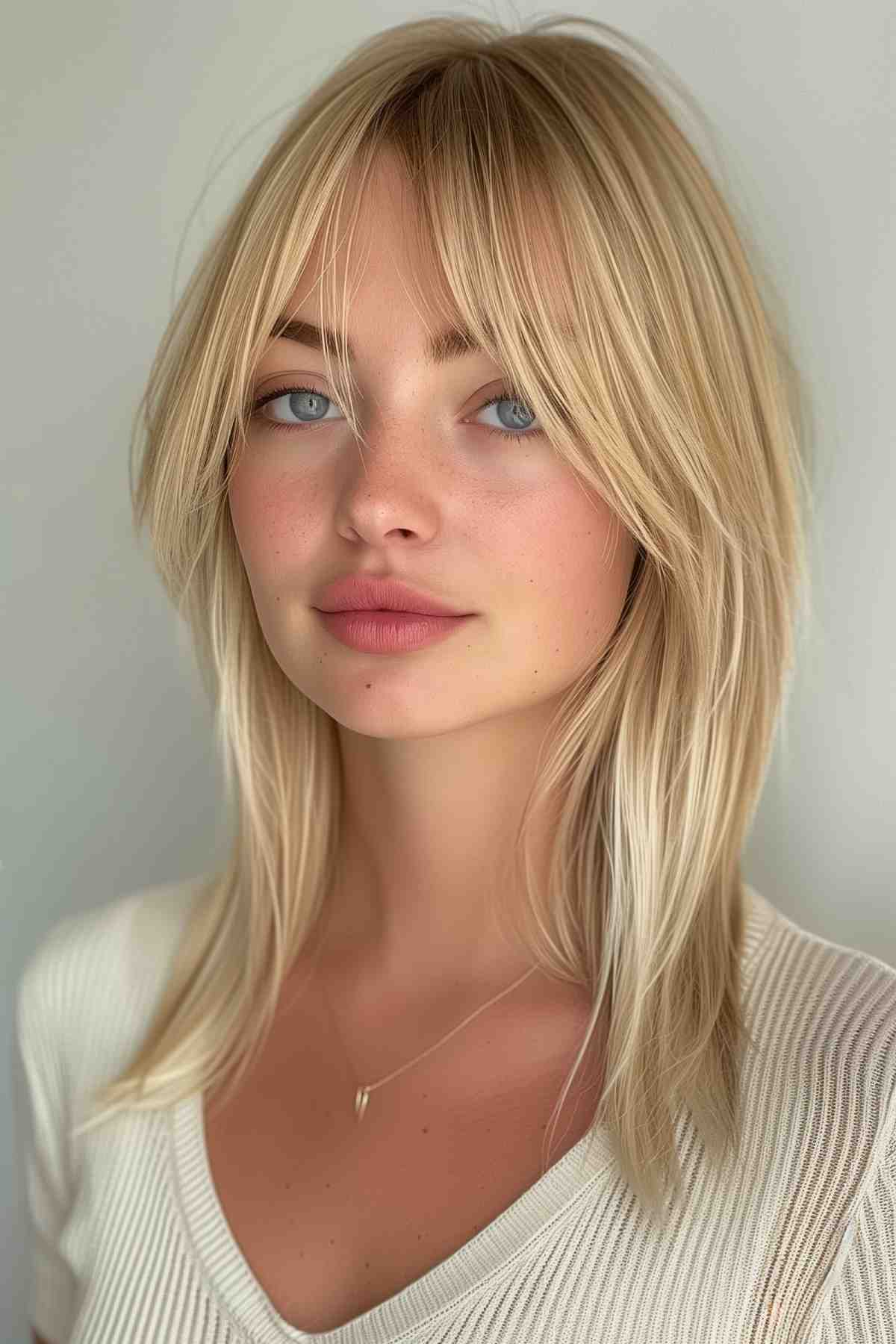 Creamy blonde medium haircut with long fringe and sun-kissed roots