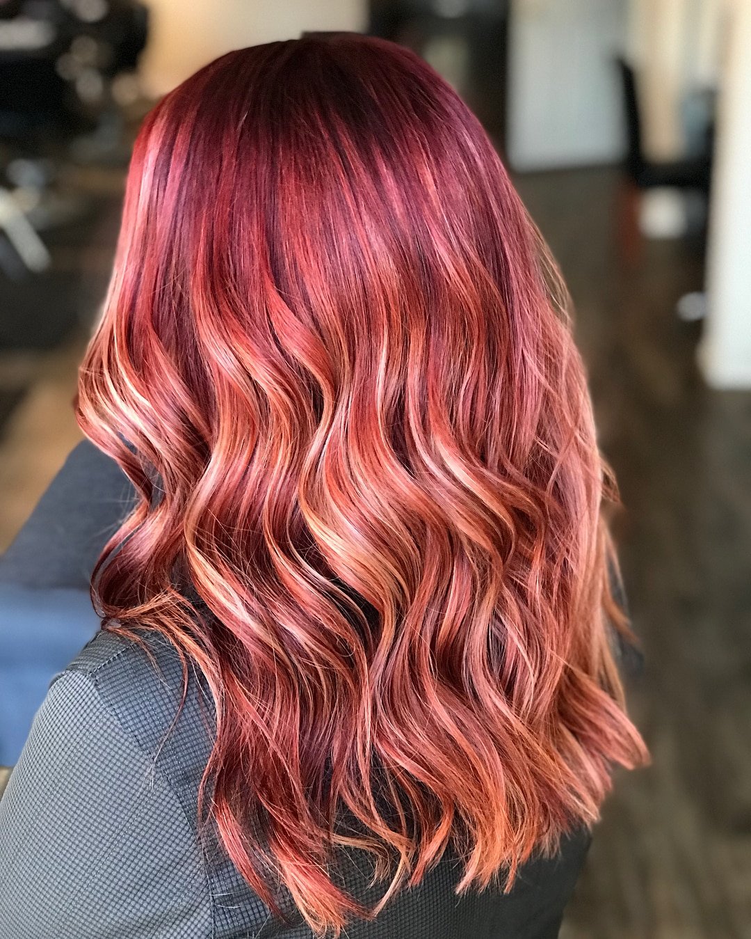Crimson Red Hair with Blonde Highlights