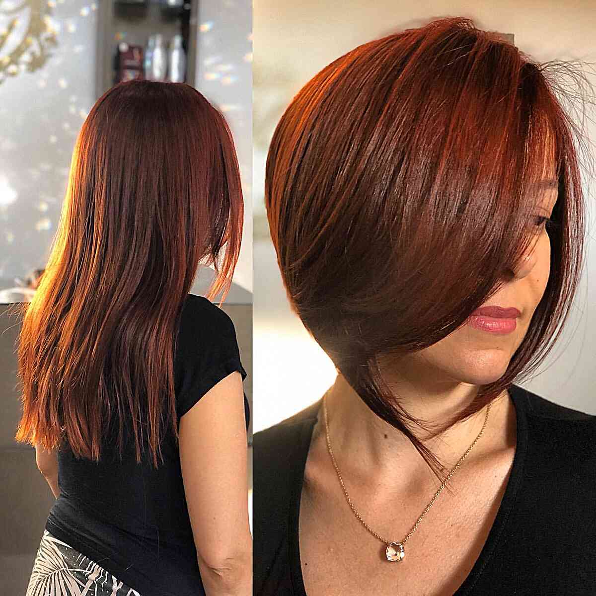 Crimson Red Stacked Layered Swing Bob for ladies with thick hair