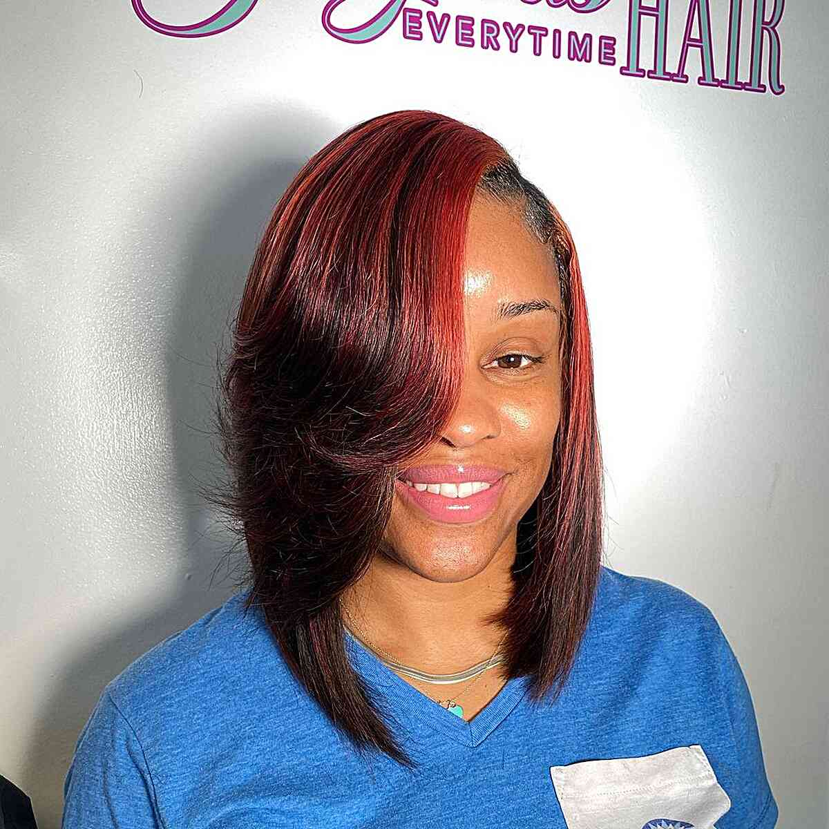 Crimson Weave Lob with Feathered Bangs