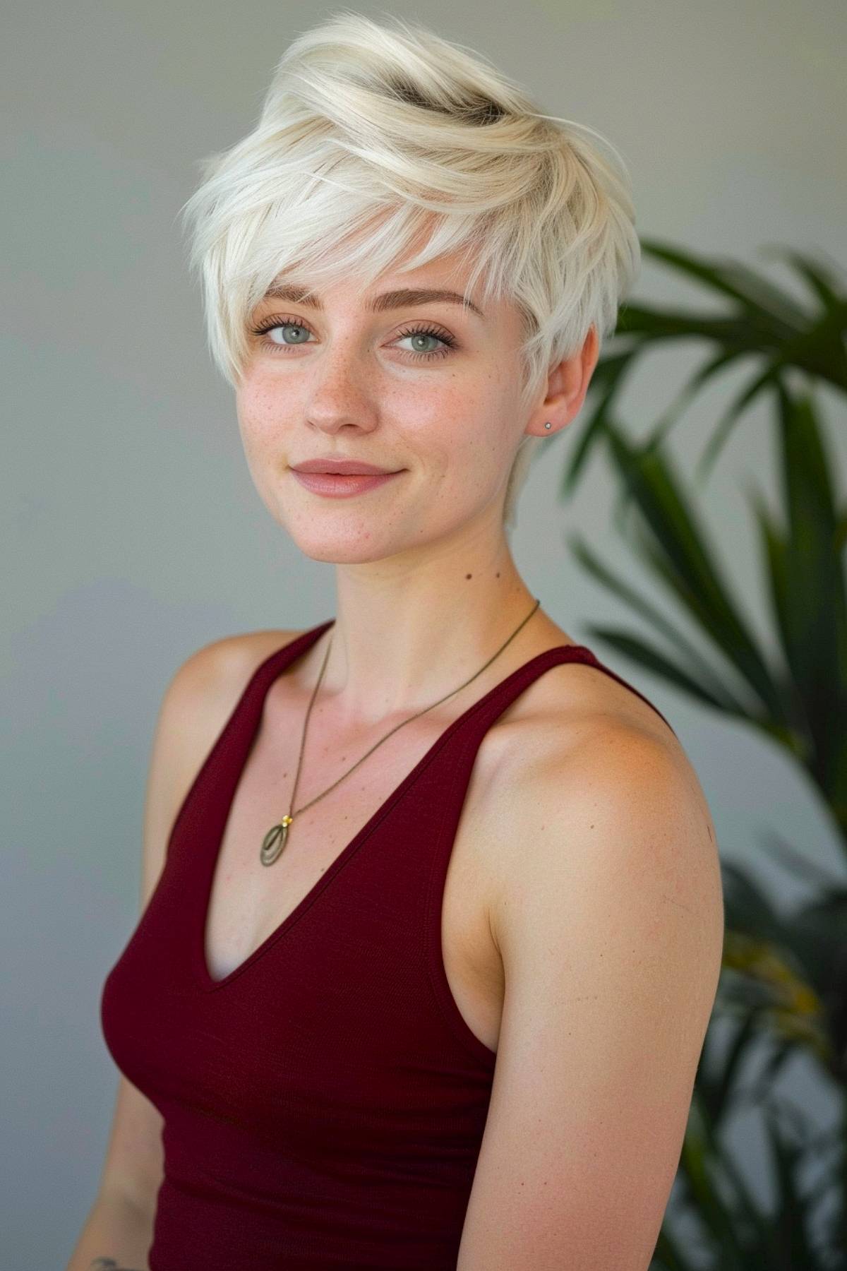 Crispcut pixie hairstyle featuring short choppy layers and cool blonde tones