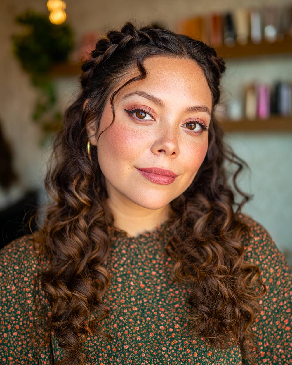 Crown braid with defined curls on medium-length naturally curly hair, perfect for formal curly hair styles.