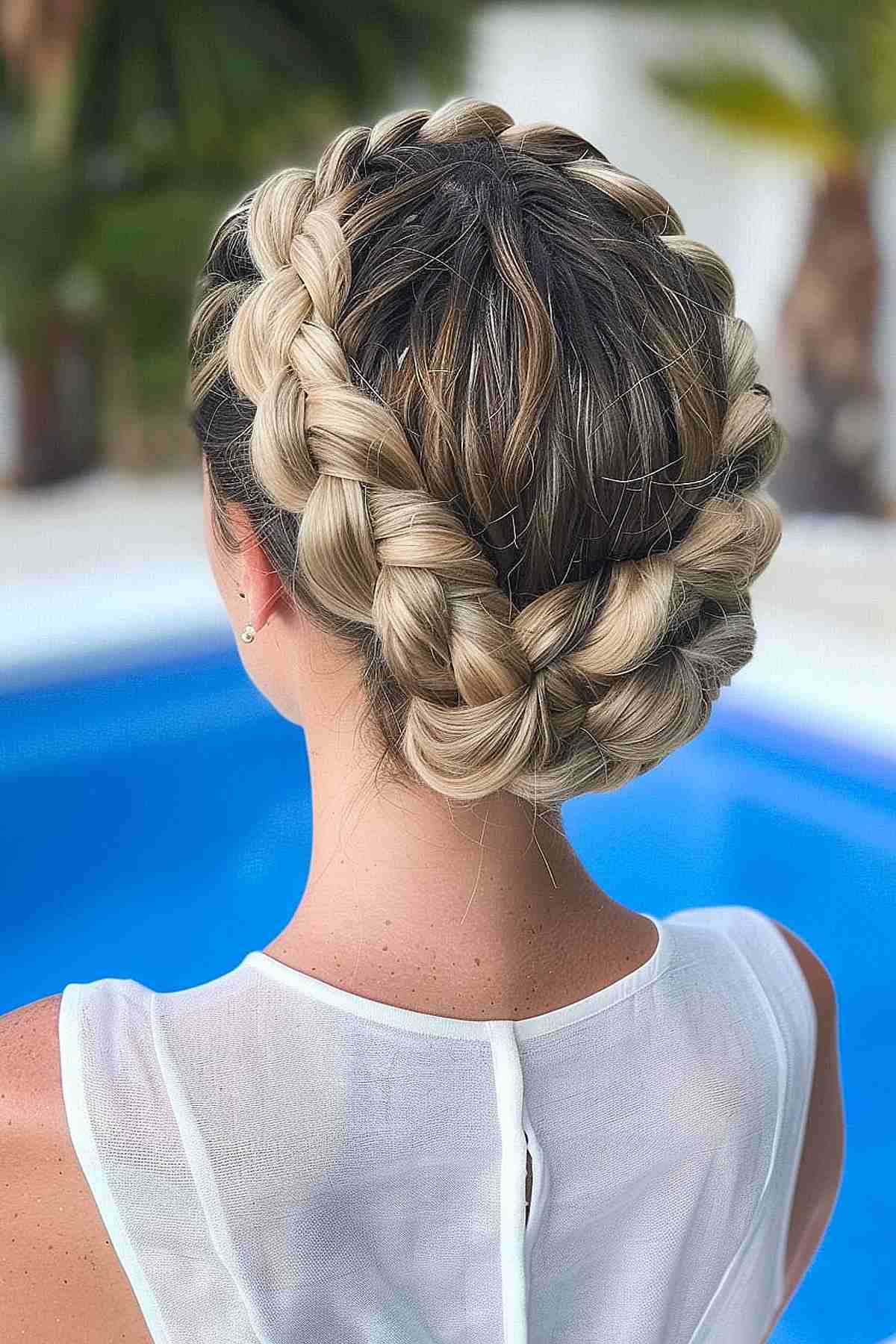 Woman with a crown braid updo, wearing a white top by the pool