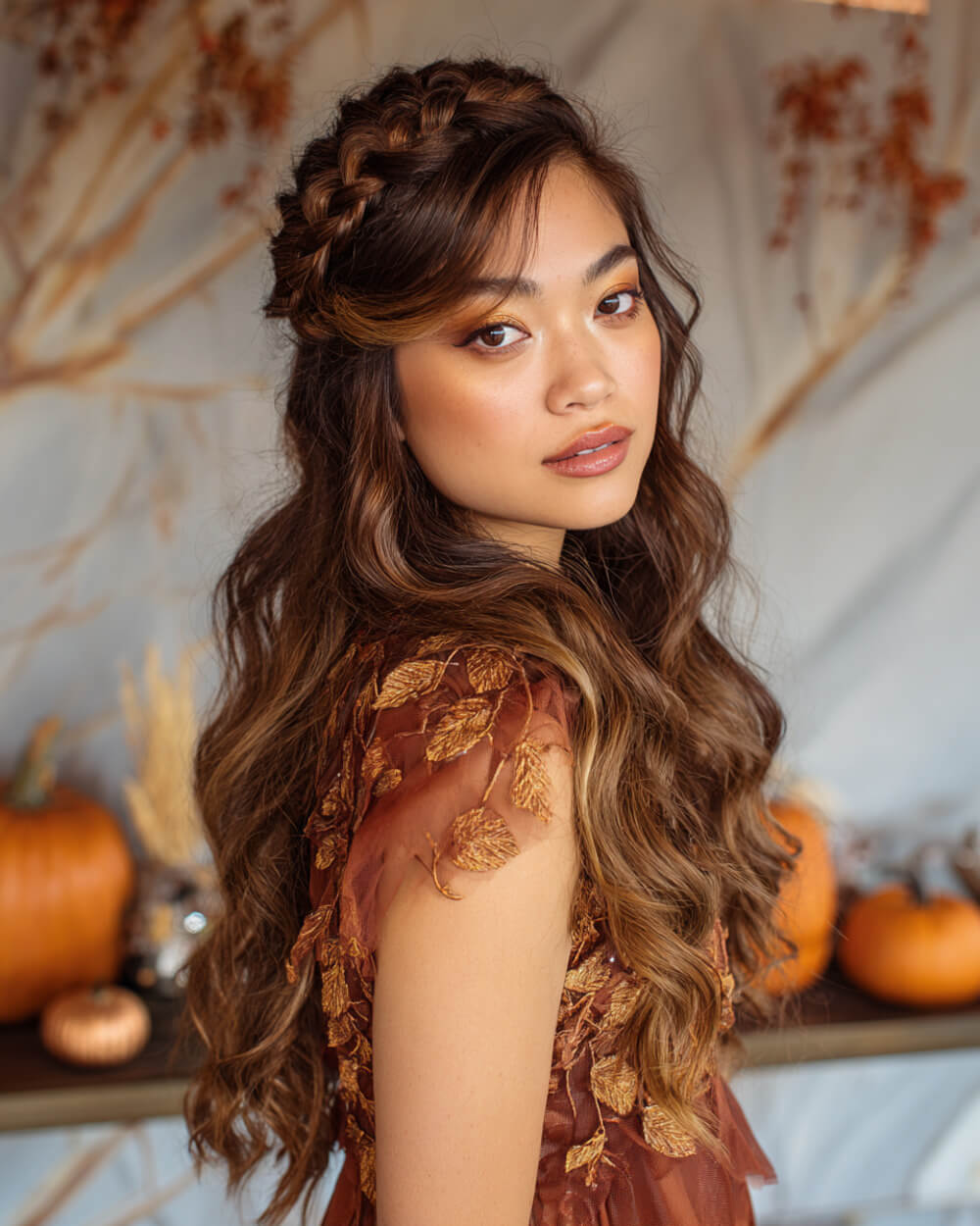 Crown braid with cascading curls, romantic Halloween hairstyle for long hair