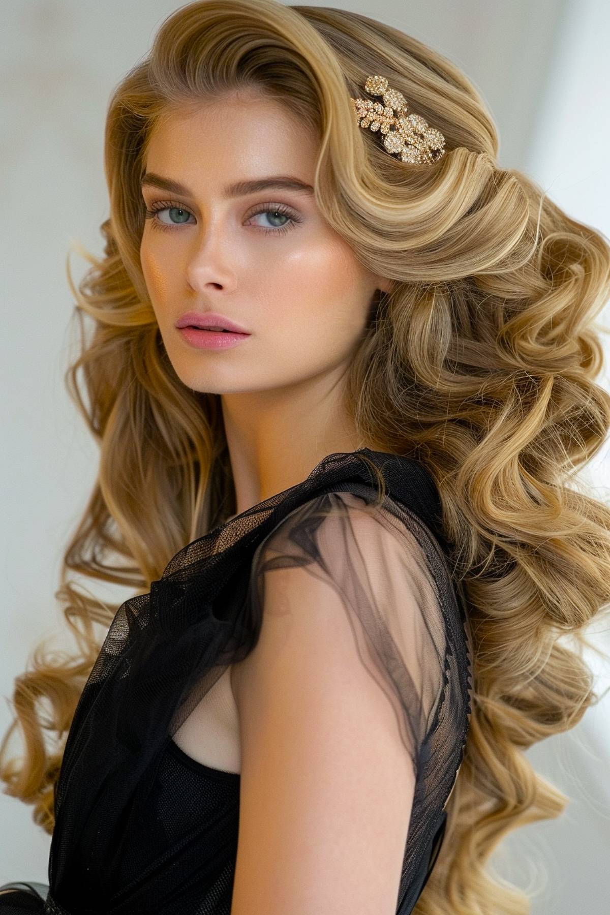 Long crowncurve hairstyle with structured waves and side part