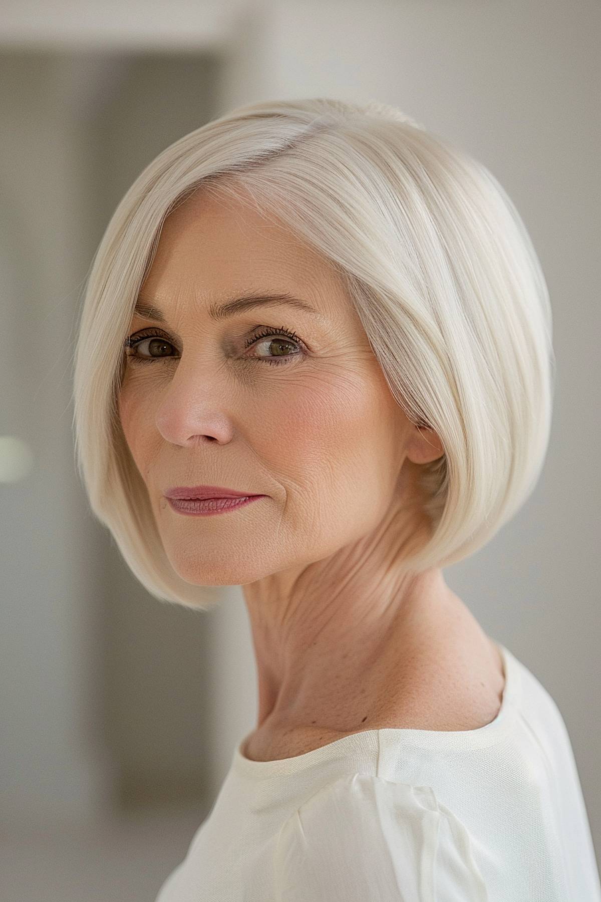 Sleek jaw-length white bob with side part