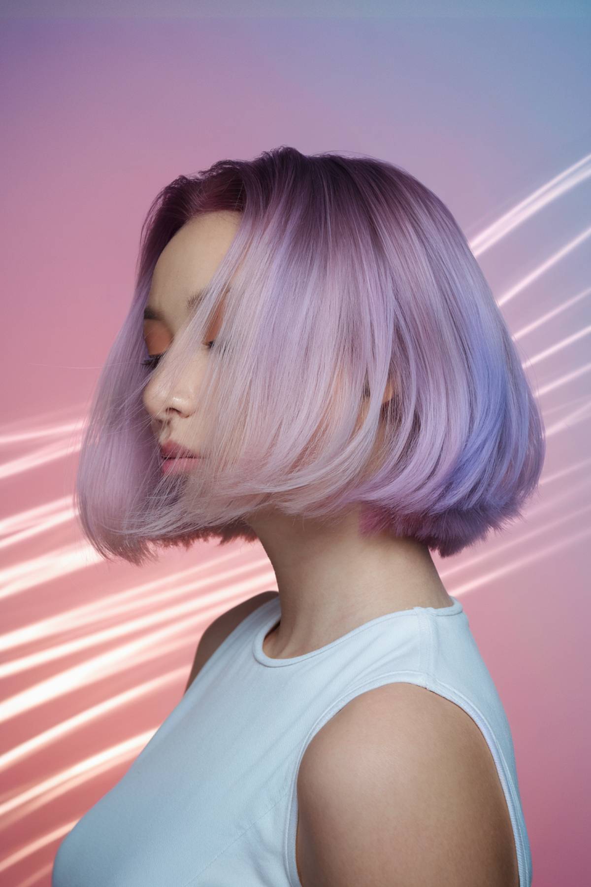 Crystal cascade bob with soft pastel ombré blending from pearl white to blush pink and lavender