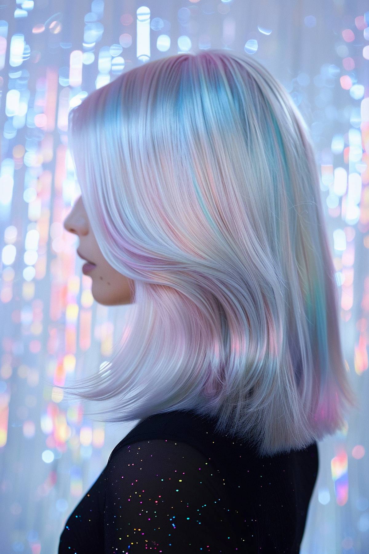 Holographic pastel hair in a sleek lob