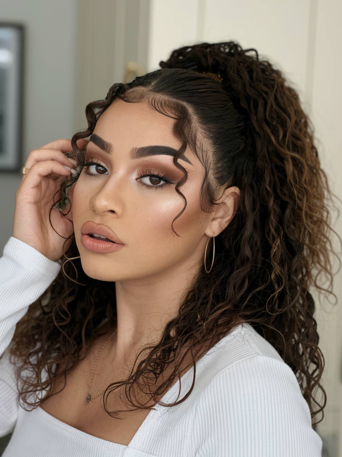 Half-up, high curly ponytail with defined baby hairs, enhancing natural curls for a modern Latina look