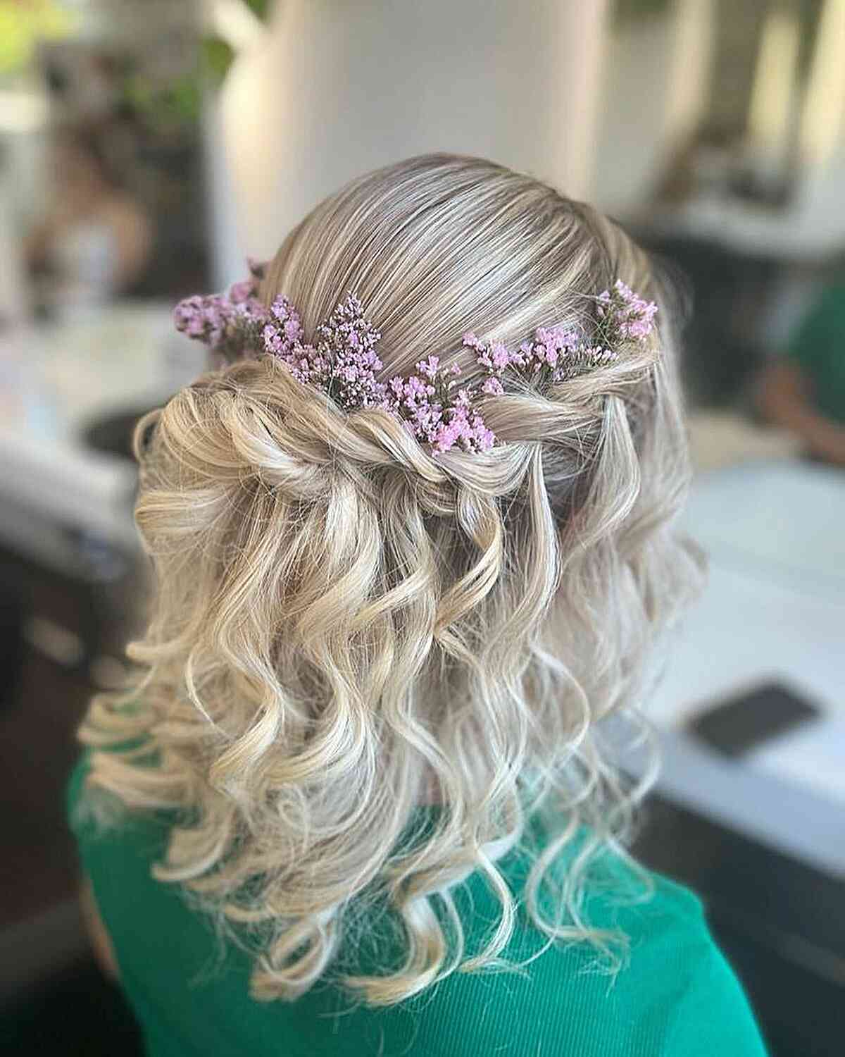 Curled Mid-Length Hair with Flowers for Festivals and Events