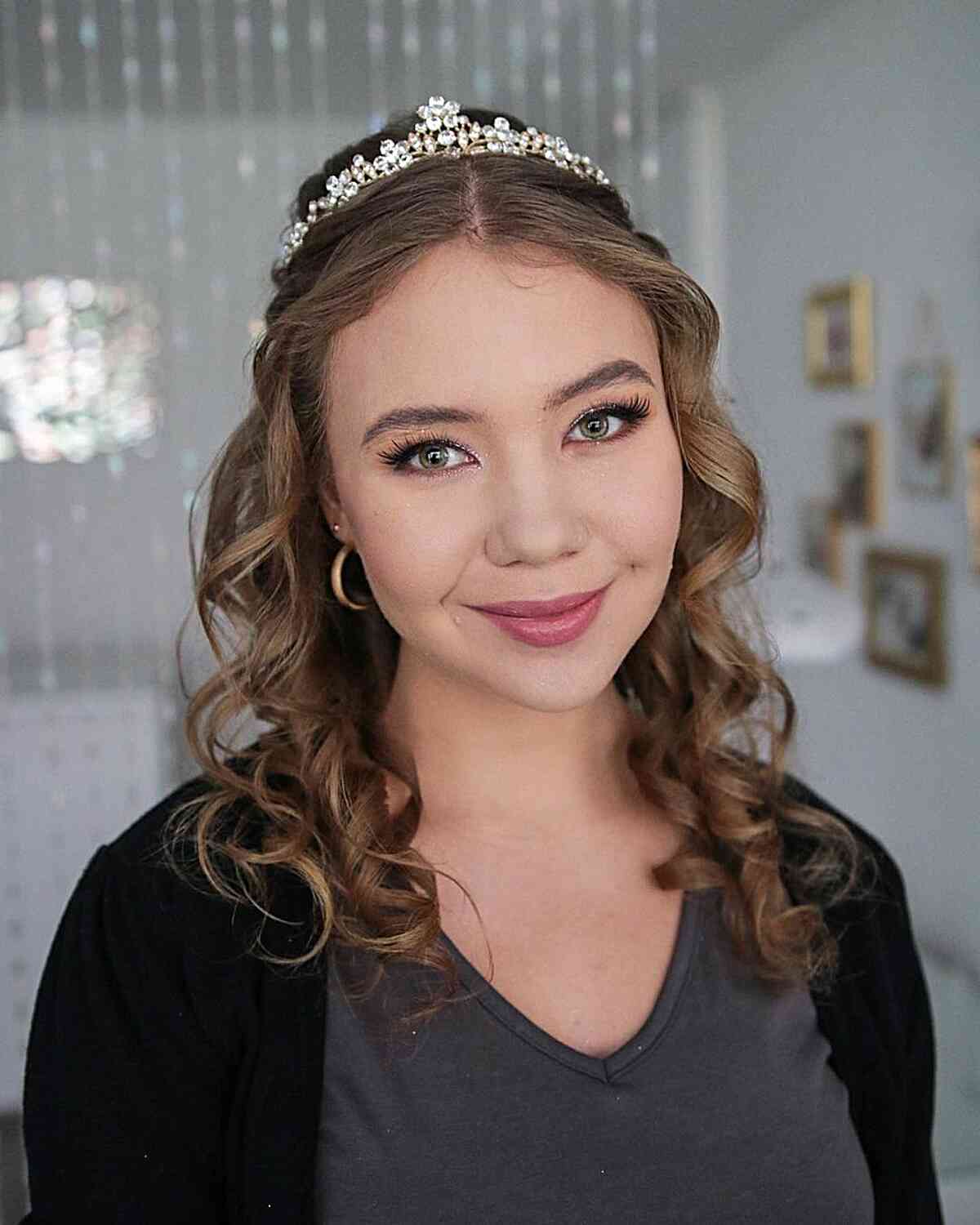 Curled Middle-Parted Hair with a Tiara Down Hairdo for Prom