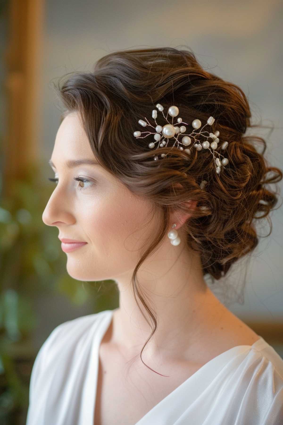 Woman with a curled updo and pearl accessories, suitable for formal events