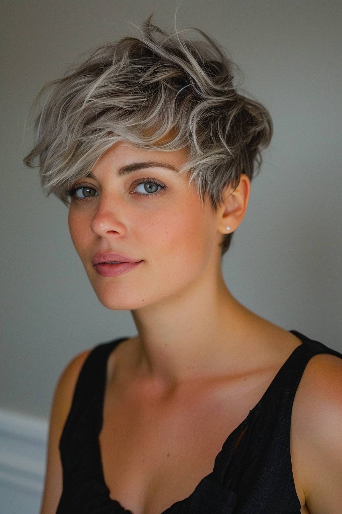 Ash blonde wavy pixie haircut with feathered layers