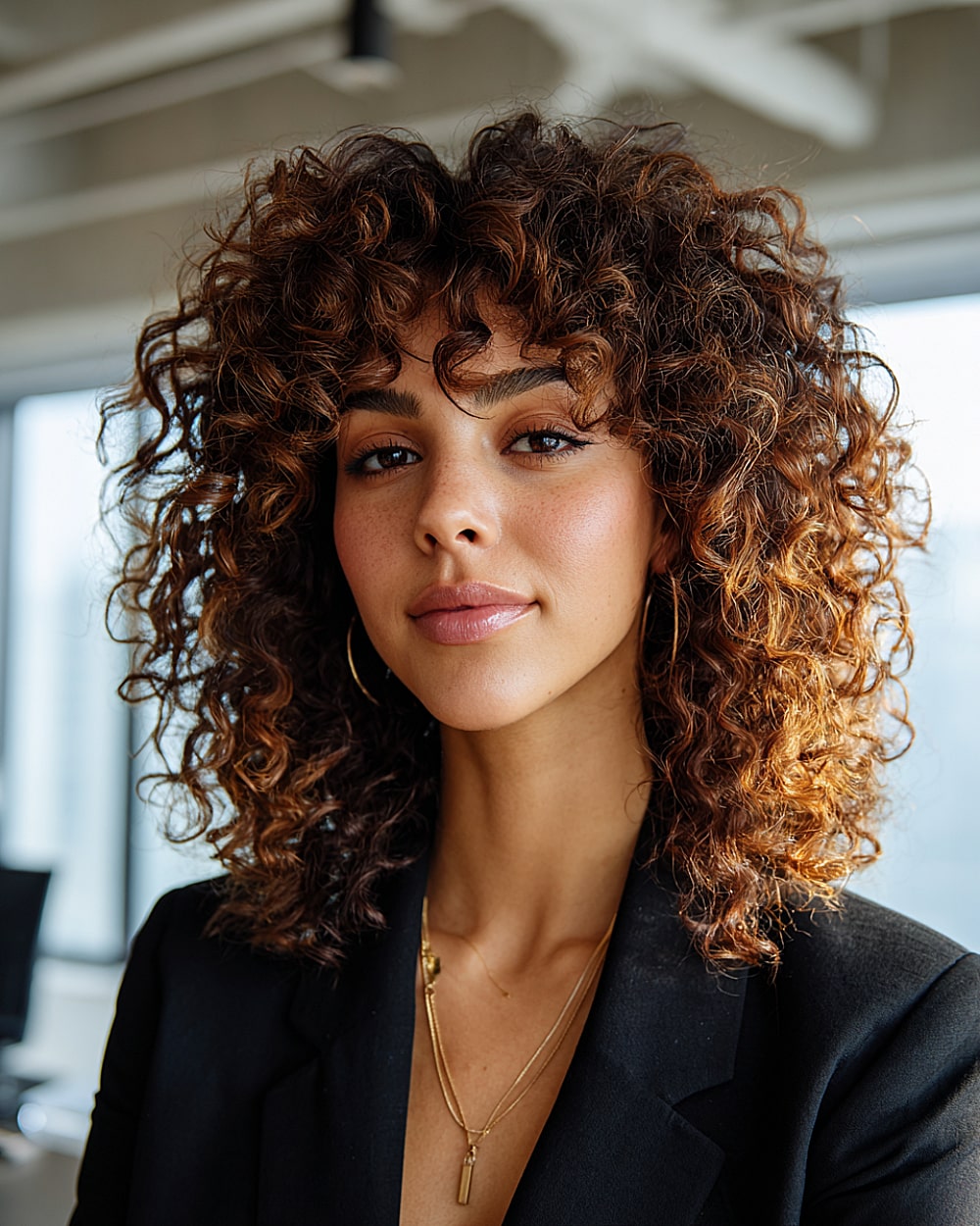 Curlure hairstyle with layered curls and curly fringe detail