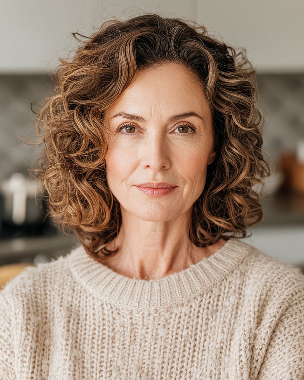 Mid-length curly hairstyle with tousled curls and caramel brown highlights for women over 50