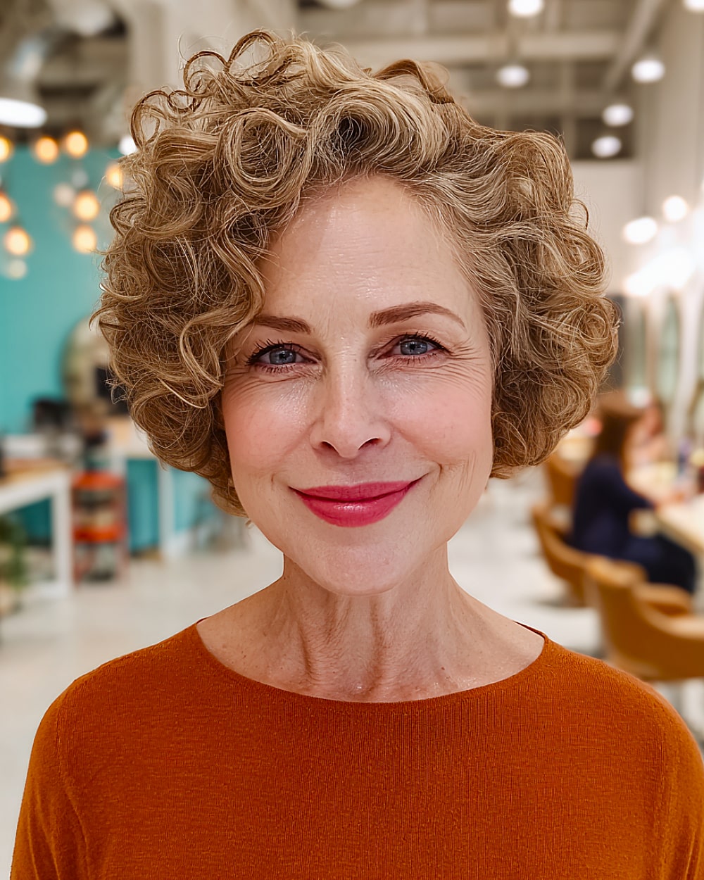 Asymmetrical curly bob with golden brown curls and soft volume for mature women