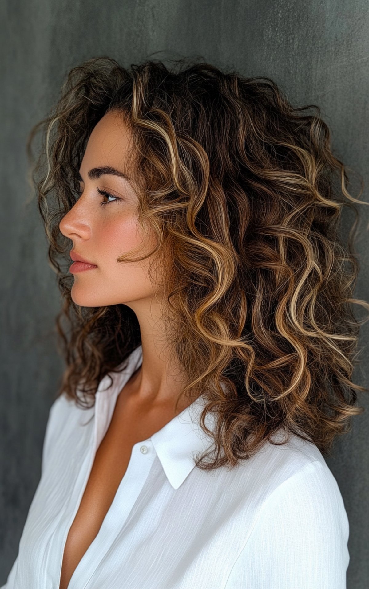 Curly medium-length hair with honey and caramel balayage highlights