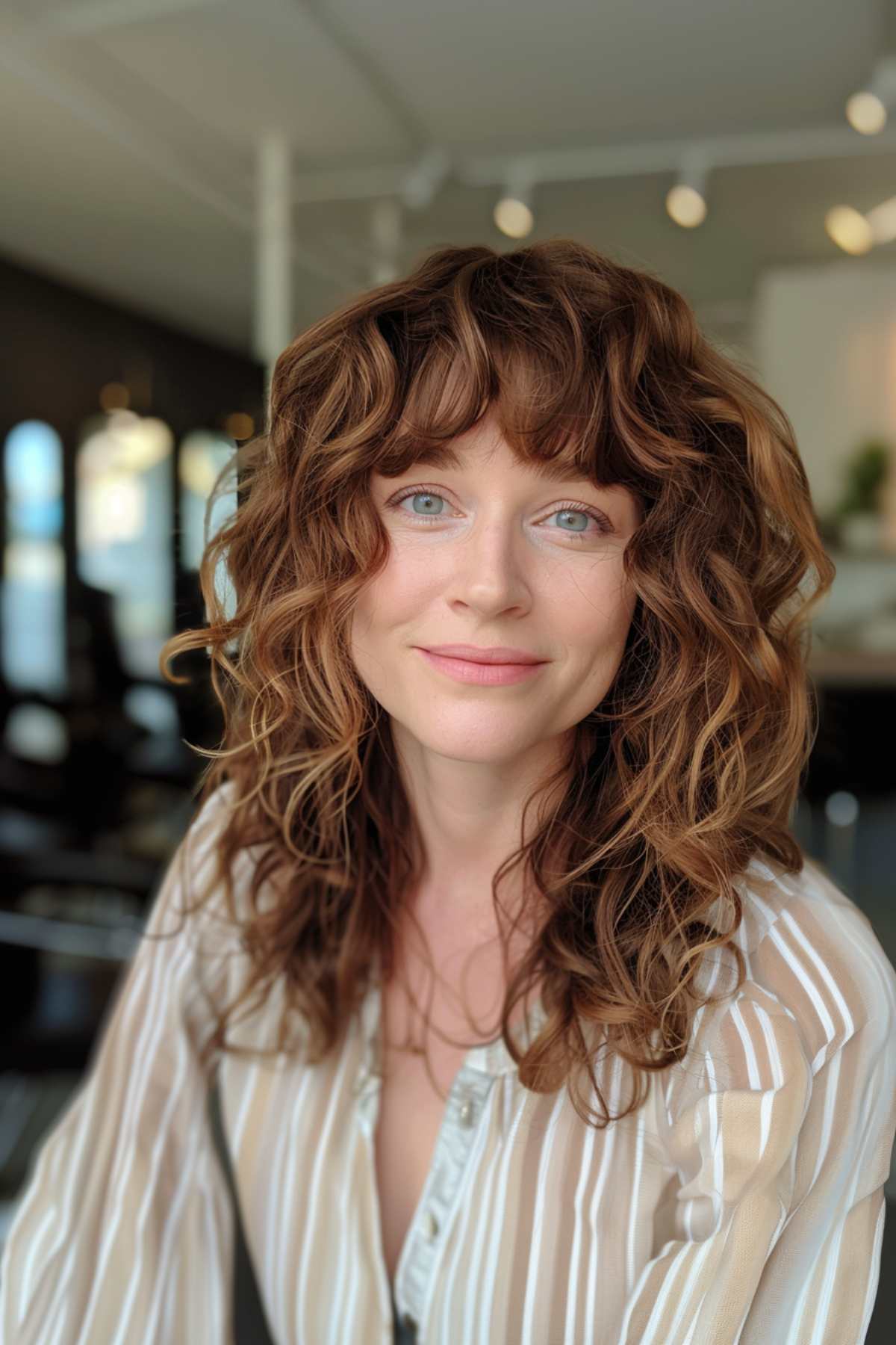 Soft curls with curly bangs on a woman with naturally curly hair.