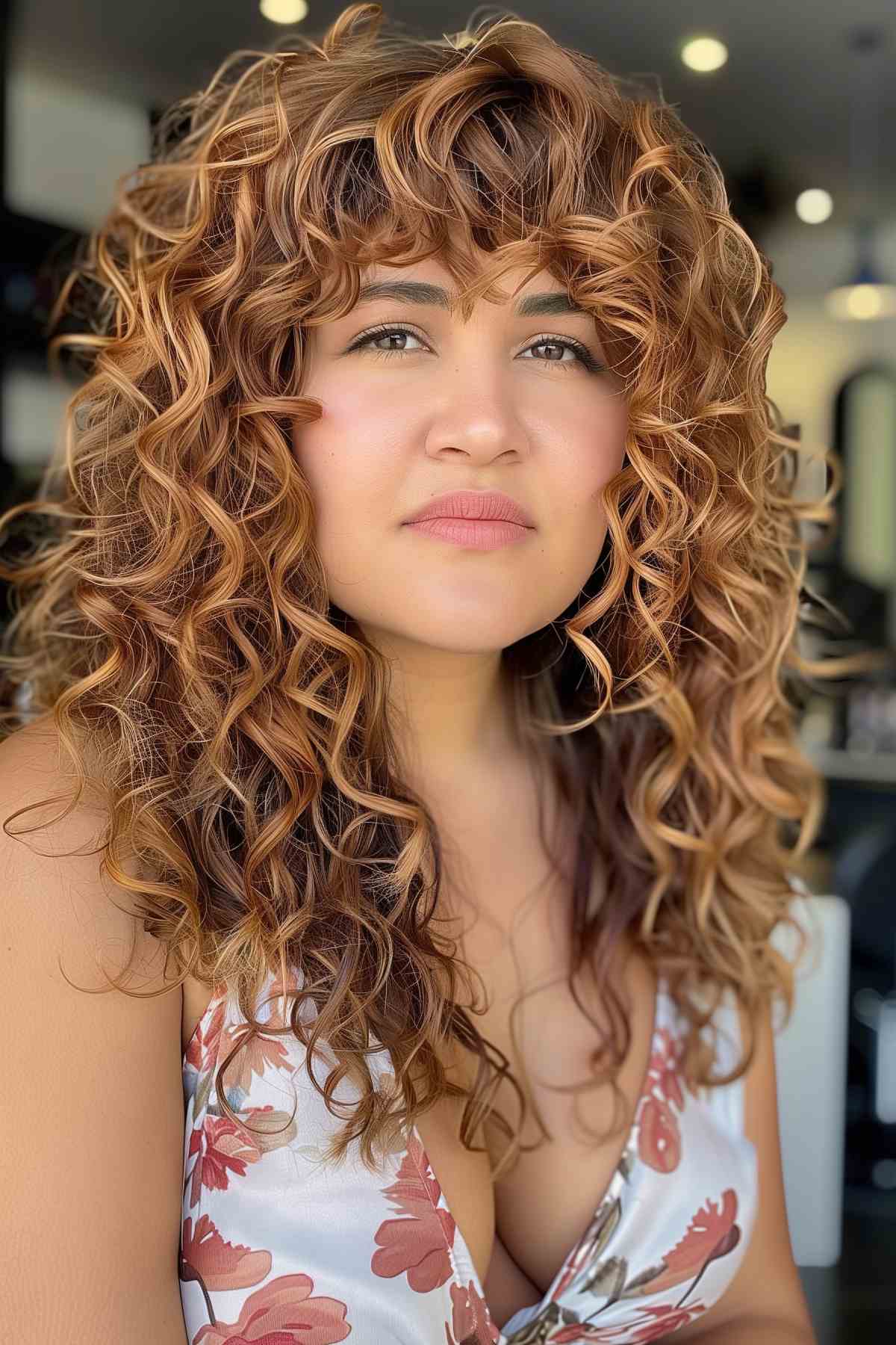 Woman with curly bangs and copper-highlighted long curly hair