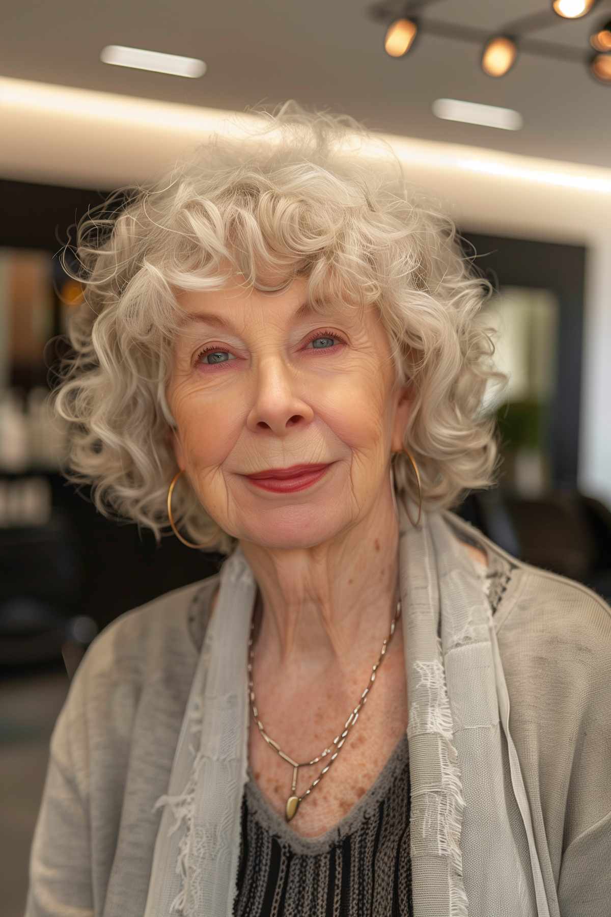 Older woman with curly hair and bangs