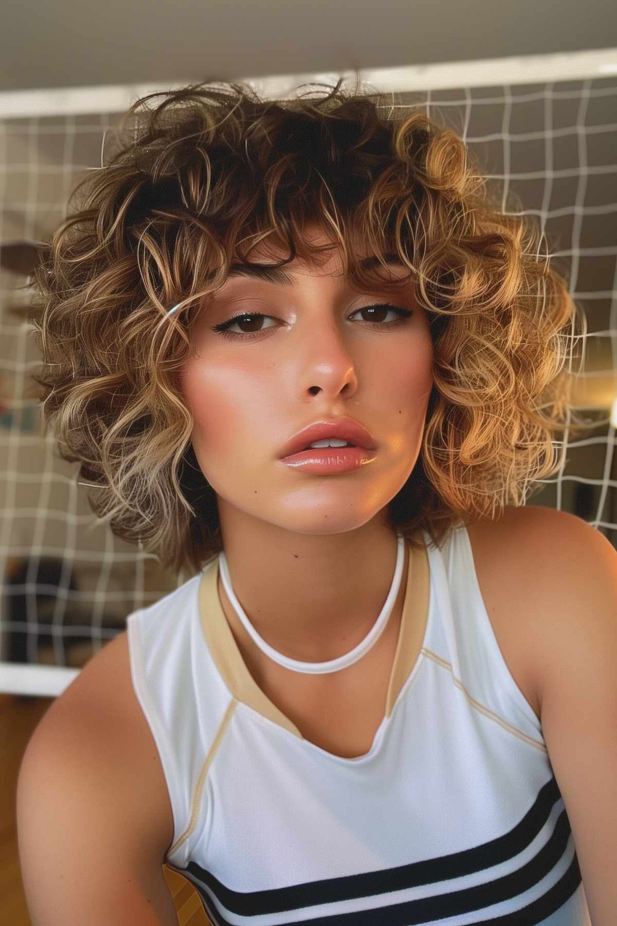 Sporty curly bob with bangs, tailored for volleyball players, offering a practical yet stylish look suitable for both on and off the court.