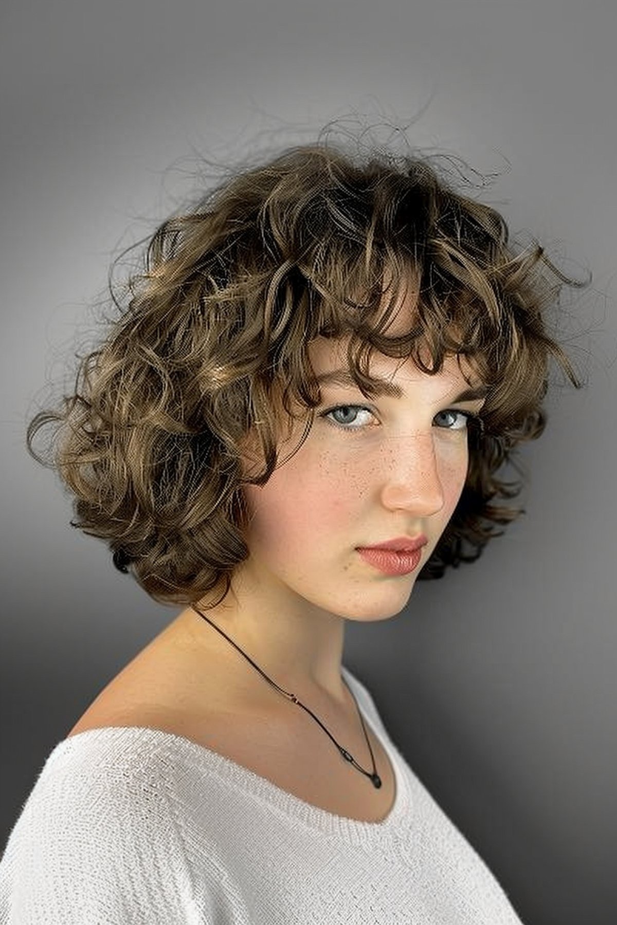 Young woman with curly bob fluffy haircut and brown highlights