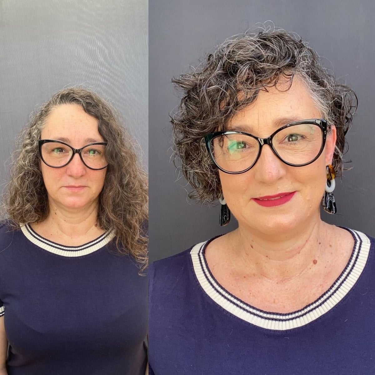curly bob cut for women in their sixties with glasses