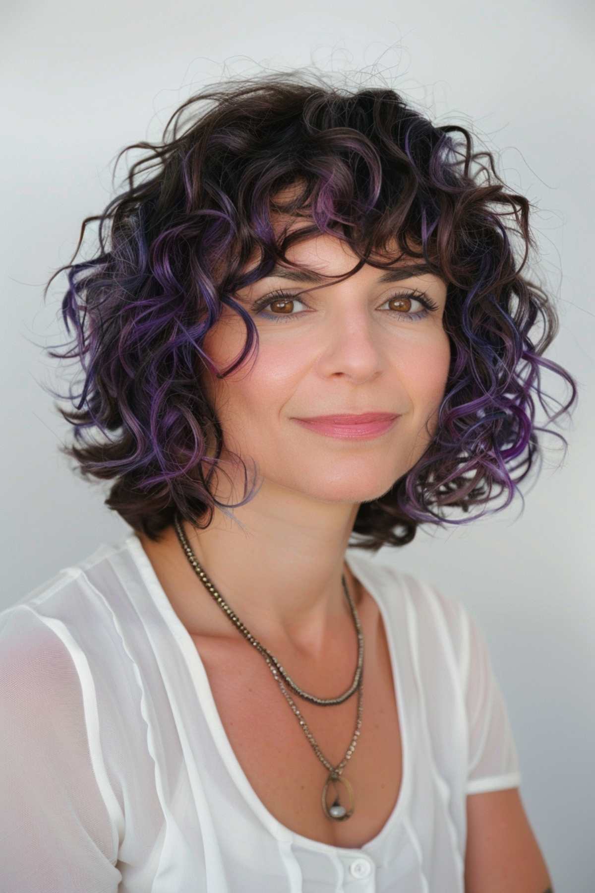 Curly bob with purple highlights and natural curls