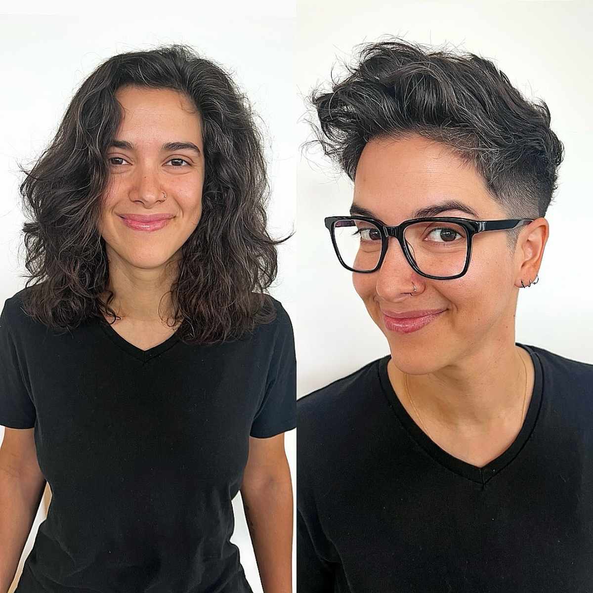Curly bob transformed into a stylish undercut with voluminous top on thick, naturally curly hair