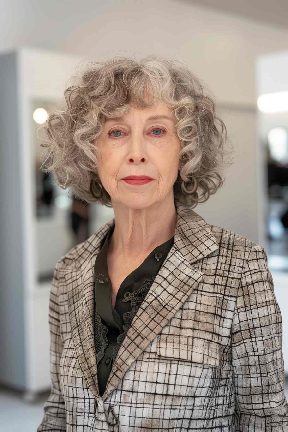 Older woman with mid-length curly bob hairstyle and soft bangs