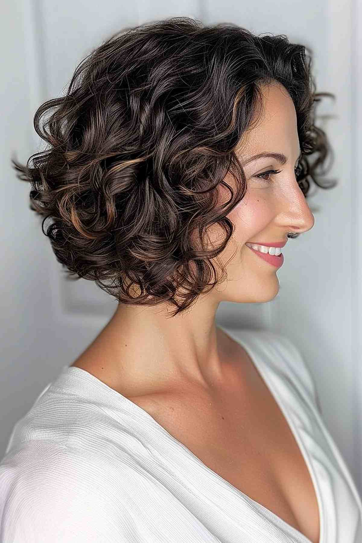 A chin-length diagonal curl haircut with pronounced curls and a face-framing shape.