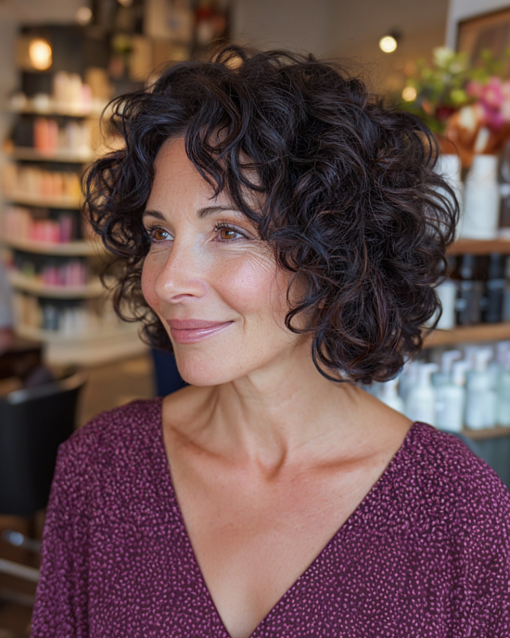 Chin-length curly bob with layered ends for women over 50 with dark loose curls