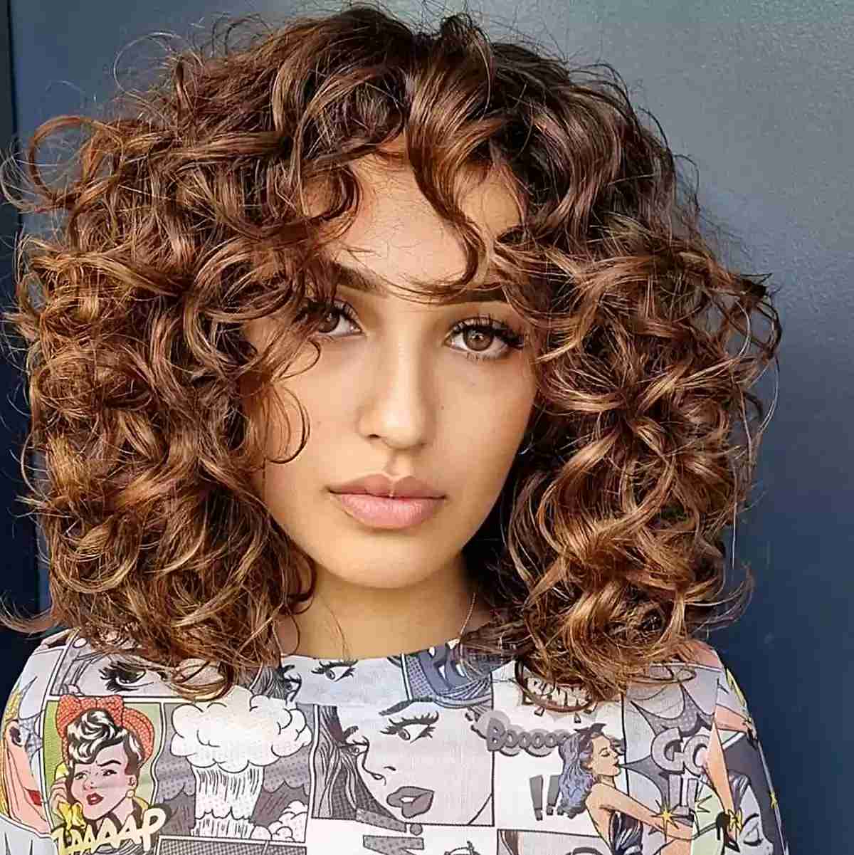 Curly Curtain Bangs and Layers for women with thick hair and a long face