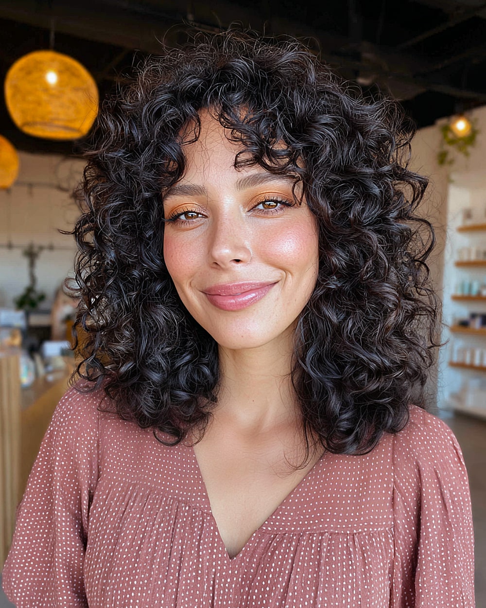 Curly curtain bangs with shoulder-grazing layers and natural bounce