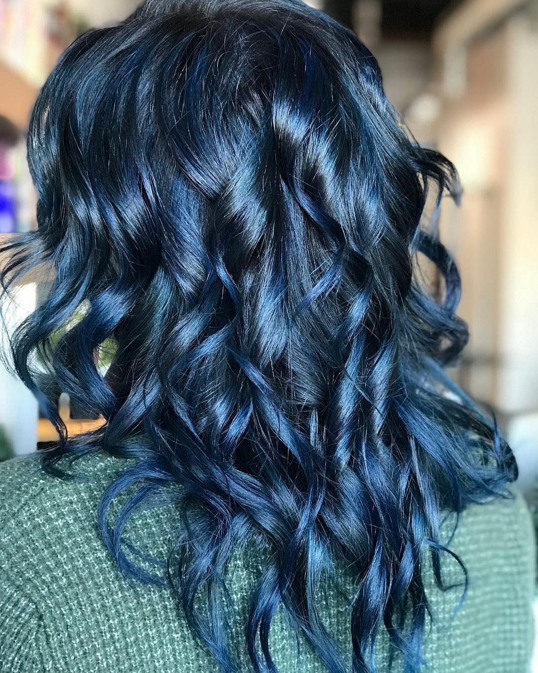 Shiny Curly Dark Blue Hair Color