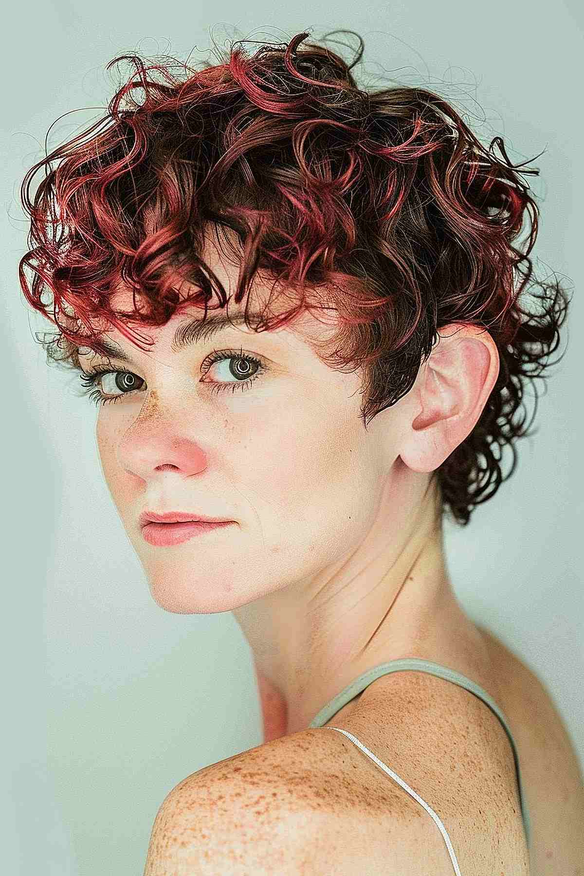 Short curly elf crop with red highlights, ideal for naturally curly hair.