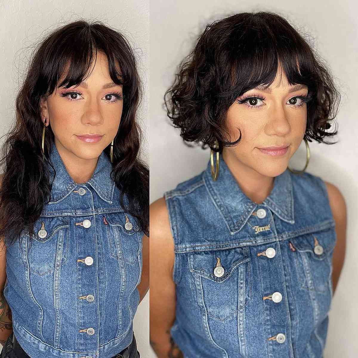 Curly French Bob with Thin Bangs