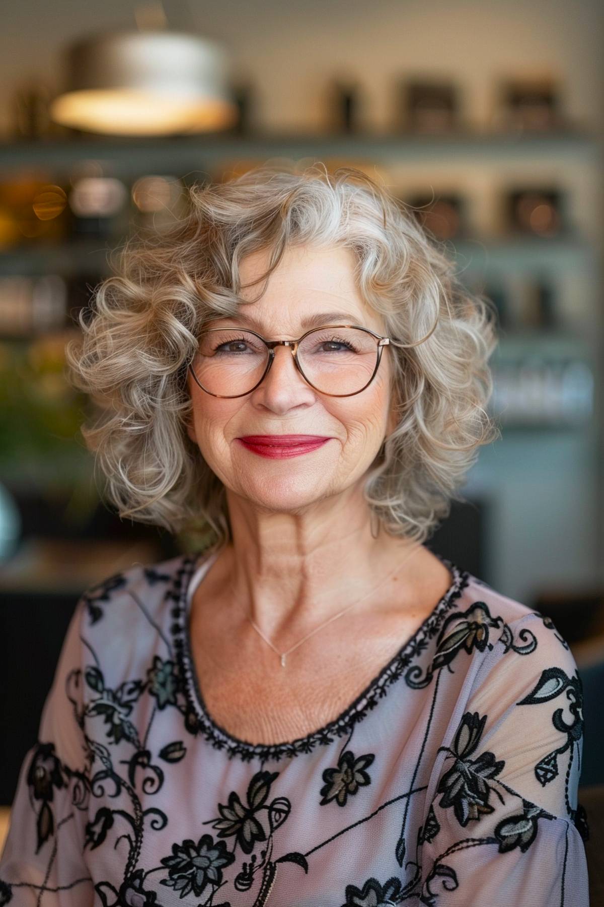 Curly hair with curtain bangs for women with glasses